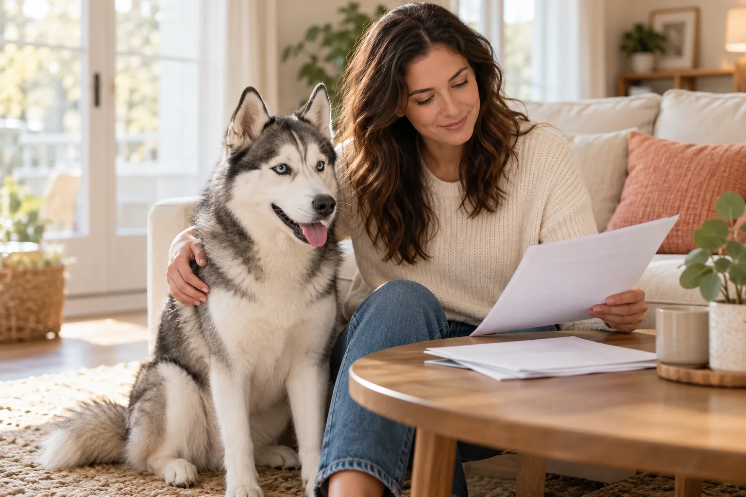A Husky-type dog sits beside an owner reviewing papers at home